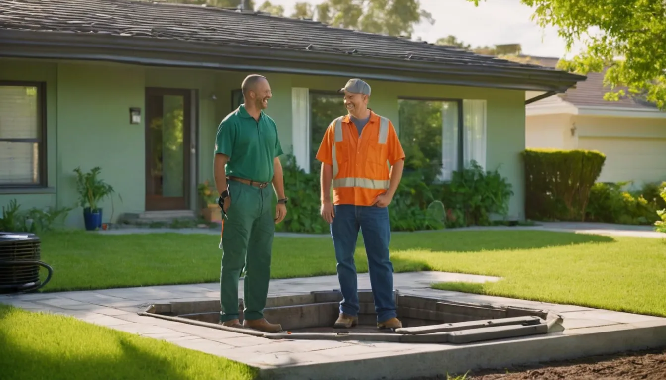 A homeowner talking with a septic provider beside a tank access lid in a green yard in Clermont