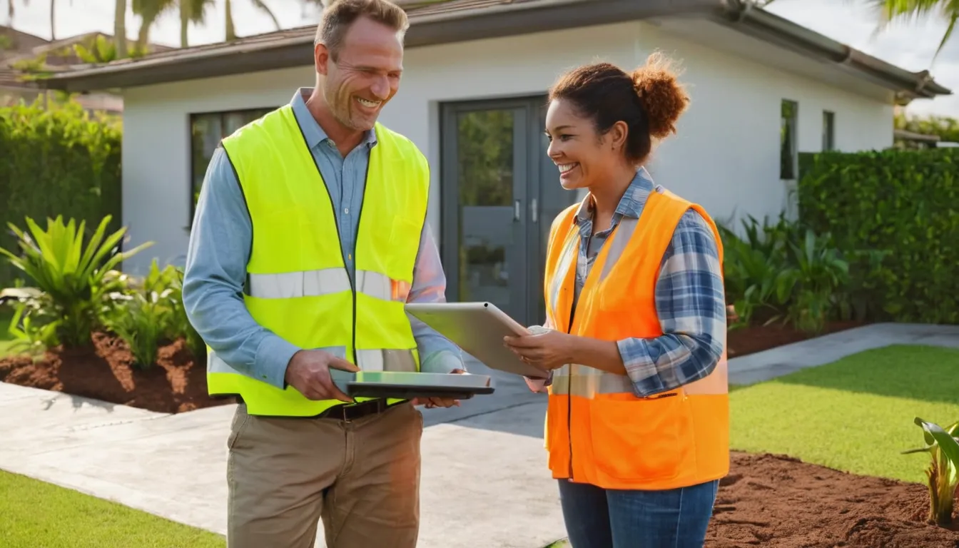 A friendly septic provider and a homeowner reviewing a written quote beside an open septic tank lid in a Clermont yard