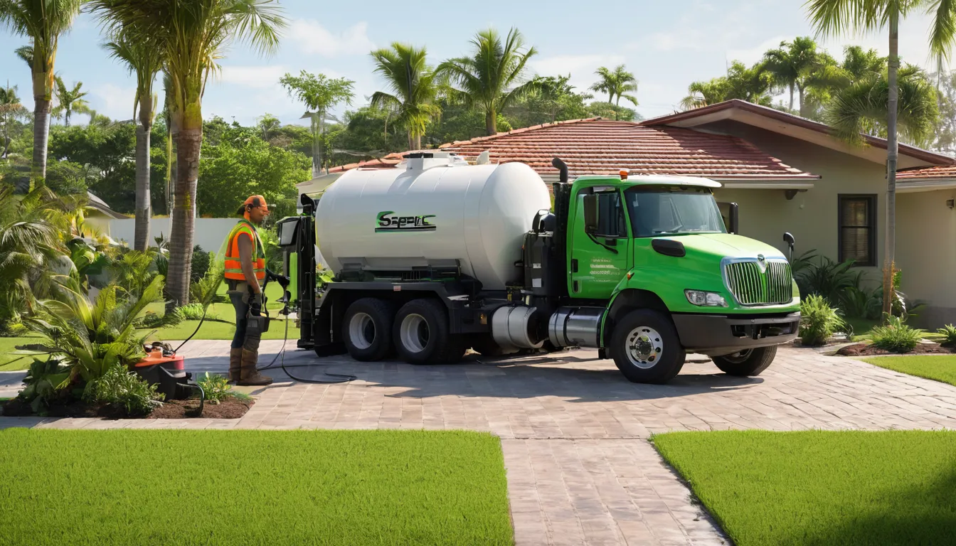 Septic service truck parked beside a tidy home in the Clermont area during a tank pumping visit