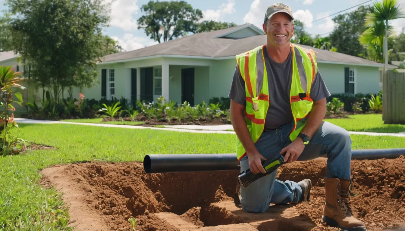 Friendly sewer line provider showing a homeowner camera inspection footage in a yard near Clermont
